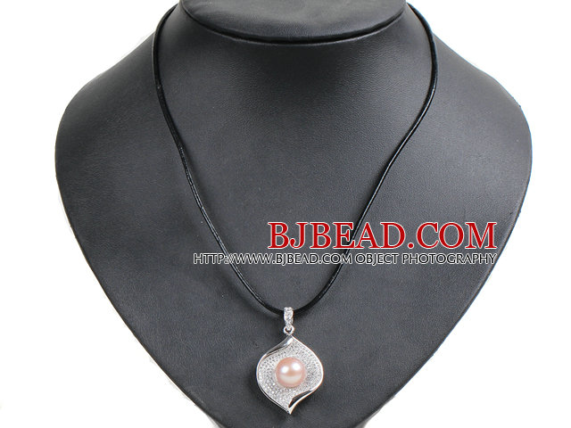 Simple Elegant Natural Big Purple Freshwater Pearl Alloyed Leaf Pendant Leather Necklace
