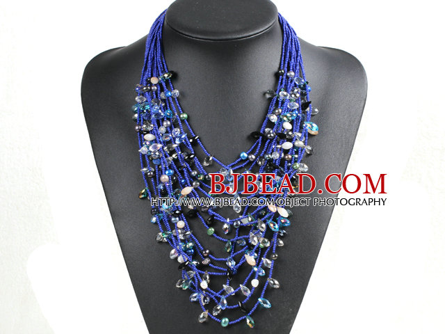 Luxurious Statement 15 Layers Deep Blue Series Crystal Pearl Party Necklace