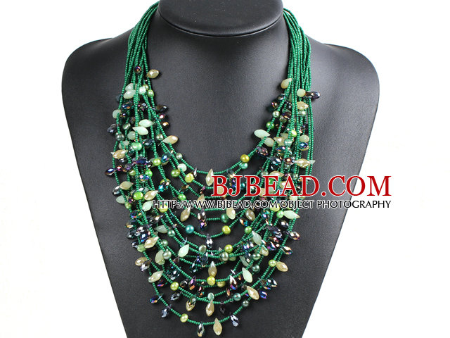 Luxurious Statement 15 Layers Christmas Green Series Crystal Pearl Party Necklace