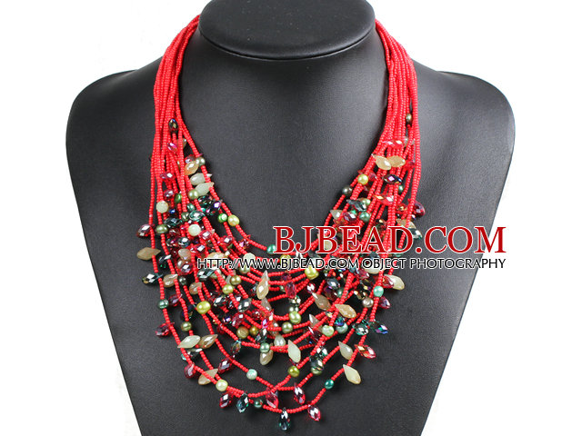 Luxurious Statement 15 Layers Christmas Red & Green Series Crystal Pearl Party Necklace