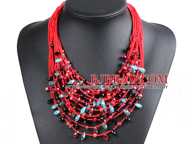 Luxurious Statement 15 Layers Christmas Red Series Crystal Pearl Party Necklace