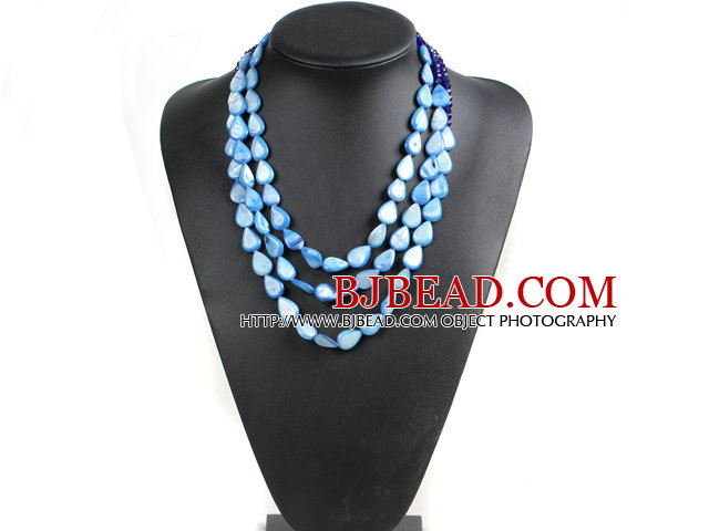 Fabulous Beautiful Party Style 3 Strand Blue Series Crystal Drop Shape Shell Necklace