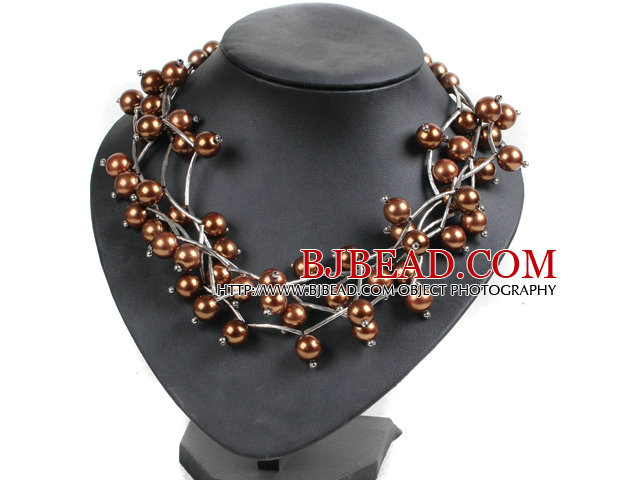 Trendy Style Multi Strand Brown Seashell Beads Twisted Necklace With Bending Alloyed Tube