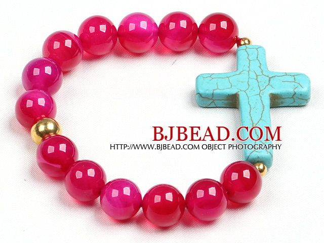 Simple Style Single Strand Rose Red Agate Beads Stretch / Elastic Bracelet With Blue Turquoise Cross Charm