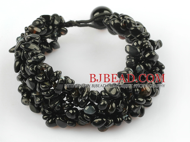 Black Series Wide Style Black Agate Chips Woven Bracelet