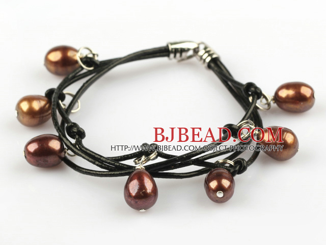 Lovely Style Multi Strands Brown Freshwater Pearl Leather Bracelet