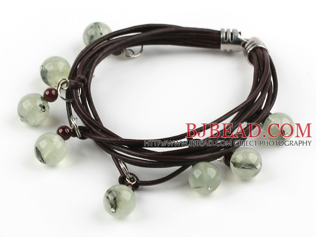 Multi Strands Green Rutilated Quartz and Garnet Bracelet with Leather Cord