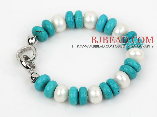 Classic Design Abacus Shape White Freshwater Pearl and Turquoise Bracelet