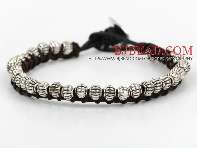 Fashion Style Tiber Silver Beads Leather Bracelet with Metal Clasp