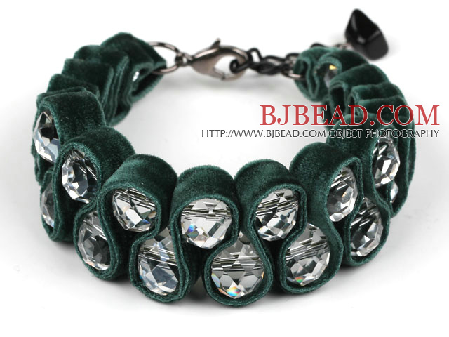 Fashion Style Clear Crystal and Dark Green Velvet Ribbon Woven Bold Bracelet with Extendable Chain