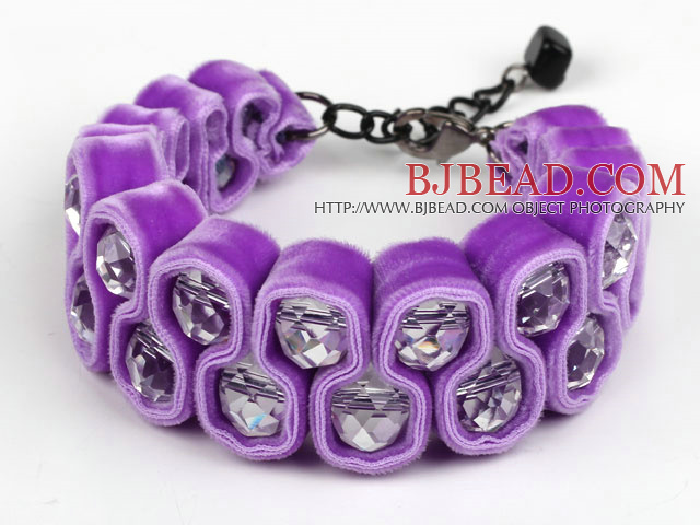 Fashion Style Clear Crystal and Purple Velvet Ribbon Woven Bold Bracelet with Extendable Chain
