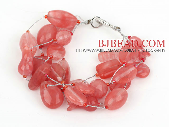 Multi Strand Cherry Quartz Bracelet with Silver Color Wire