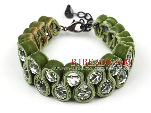 Fashion Style Clear Crystal and Olive Green Velvet Ribbon Woven Bold Bracelet with Extendable Chain