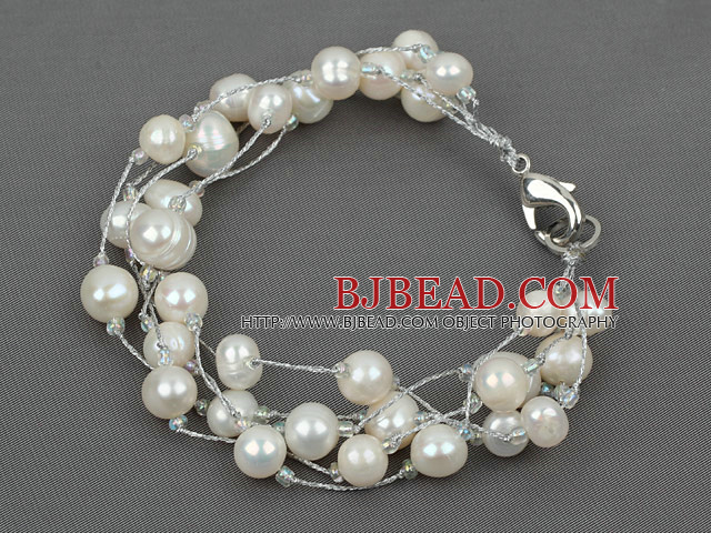 Multi Strands White Freshwater Pearl with Silver Color Wire