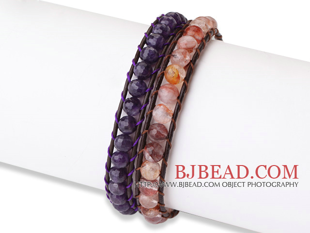 Trendy Simple Design 2 pcs Single Strand Roung Natural Crystal Beads Leather bracelet