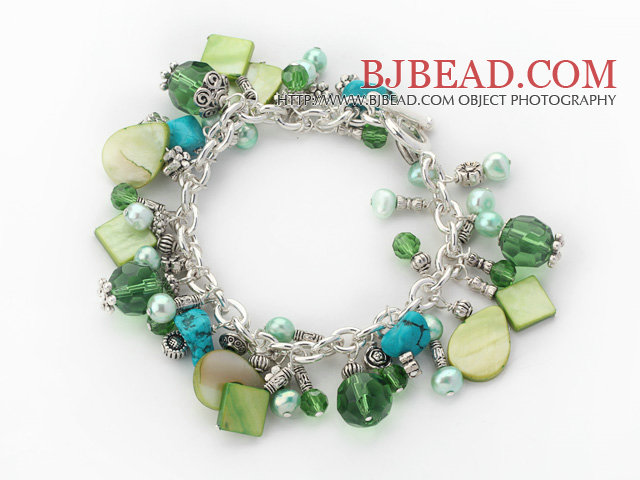 Assorted Green Freshwater Pearl Crystal and Green Shell and Turquoise Bracelet with Metal Chain