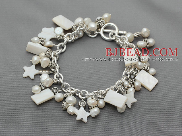 Assorted Natural White Freshwater Pearl and White Shell Bracelet with Metal Chain