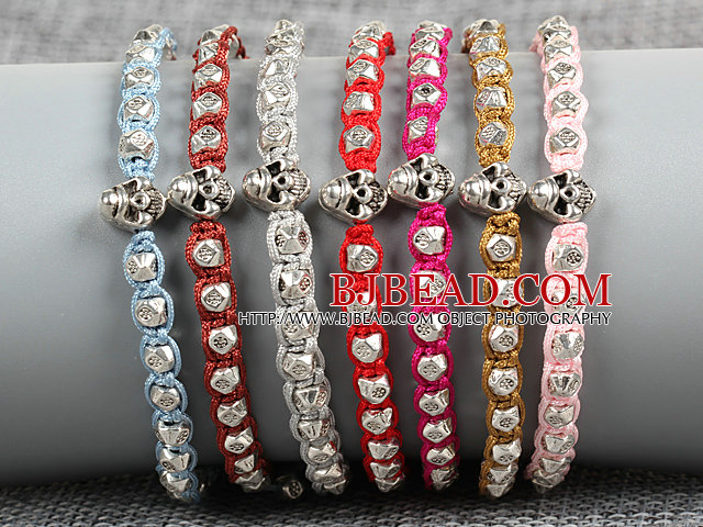 7 PCS Trendy Nickel Free Alloyed Skull Head Charm Multi Color Thread Hand-Knitted Bracelet (Random Color)