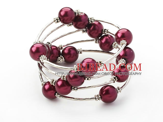 Fashion Style Purple Red Round Seashell Wrap Bangle Bracelet
