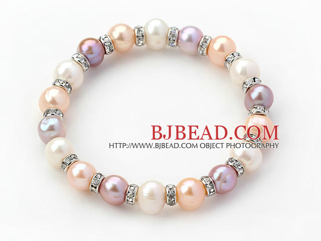 Classic Design Round White Pink Purple Freshwater Pearl and Rhinestone Ring Stretch Bangle Bracelet