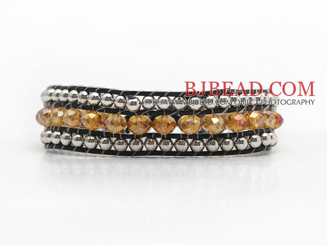 Fashion Style Three Rows Brown Crystal and Silver Beads Woven Bangle Bracelet