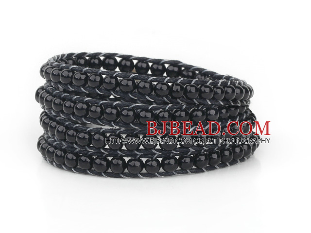 Fashion Style Round Black Glass Beads Woven Wrap Bangle Bracelet with Black Wax Thread