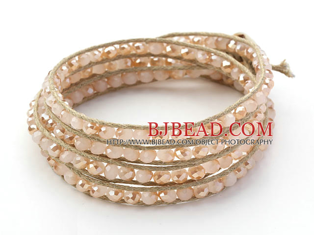 Fashion Style Light Pink Jade Crystal Woven Wrap Bangle Bracelet with Gray Wax Thread