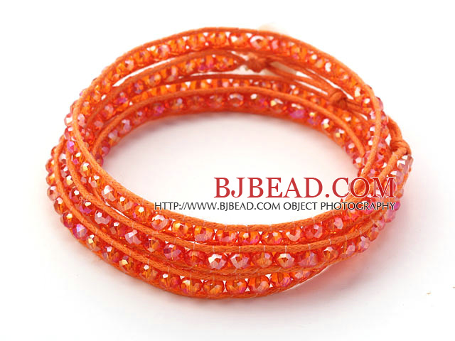 Fashion Style Dark Orange Color Jade Crystal Woven Wrap Bangle Bracelet with Orange Wax Thread
