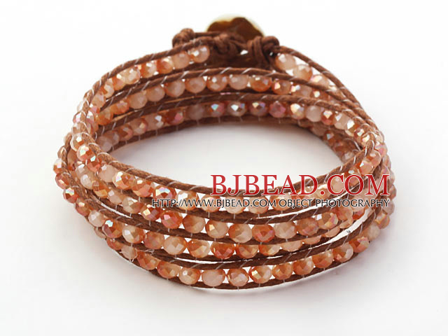 Fashion Style Light Coffee Color Jade Crystal Woven Wrap Bangle Bracelet with Brown Wax Thread
