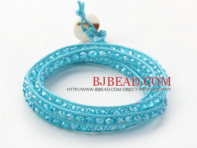 Fashion Style Sky Blue Crystal Woven Wrap Bangle Bracelet with Sky Blue Wax Thread