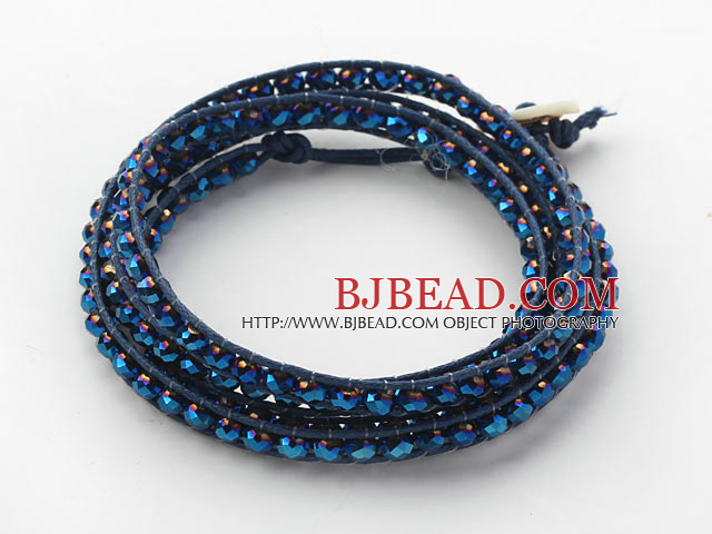Fashion Style Dark Blue Crystal Woven Wrap Bangle Bracelet with Dark Blue Wax Thread