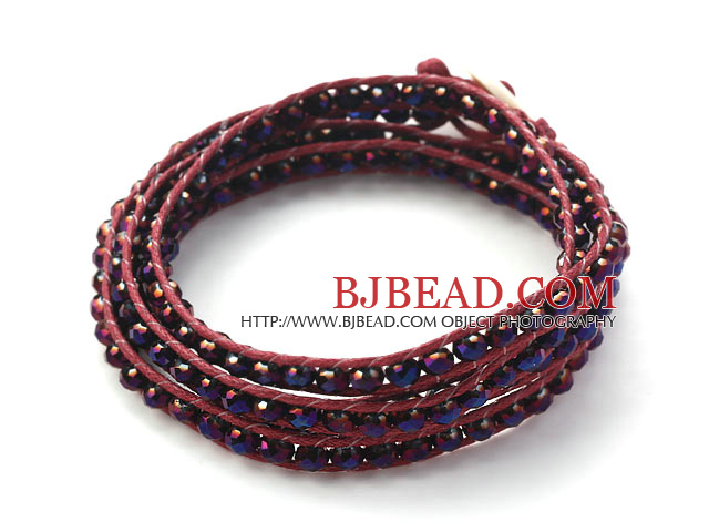 Fashion Style Purple Red Crystal Woven Wrap Bangle Bracelet with Purple Red Wax Thread