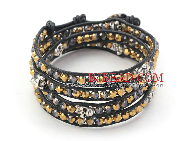 Golden Plated Color Crystal and Silver Color Skull Woven Wrap Bangle Bracelet with Black Leather Cord