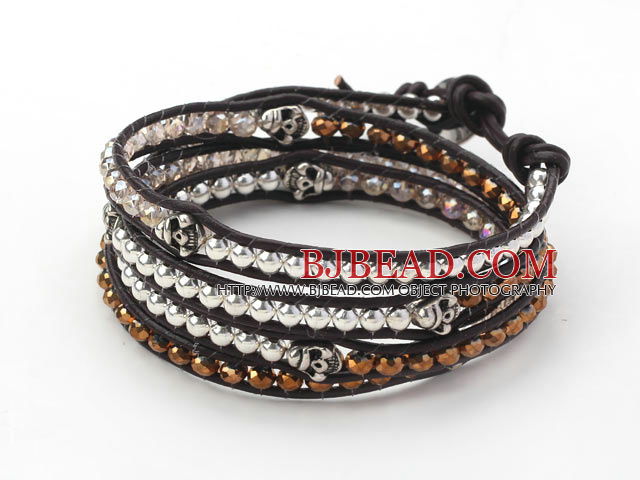 Golden Color Crystal and Silver Beads and Skull Woven Wrap Bangle Bracelet with Black Leather Cord
