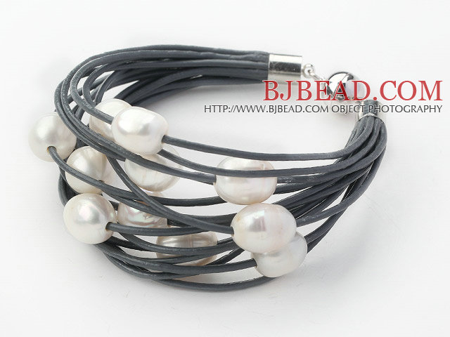 Multi Strands 11-12mm Natural White Freshwater Pearl Gray Leather Bracelet with Magnetic Clasp