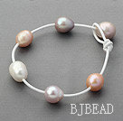 Classic Design 11-12mm Multi Color Freshwater Pearl White Leather Bracelet with Pearl Clasp