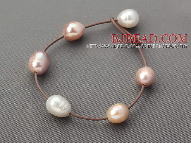 Classic Design 11-12mm Natural Pink and White Freshwater Pearl Leather Brown Bracelet with Pearl Clasp