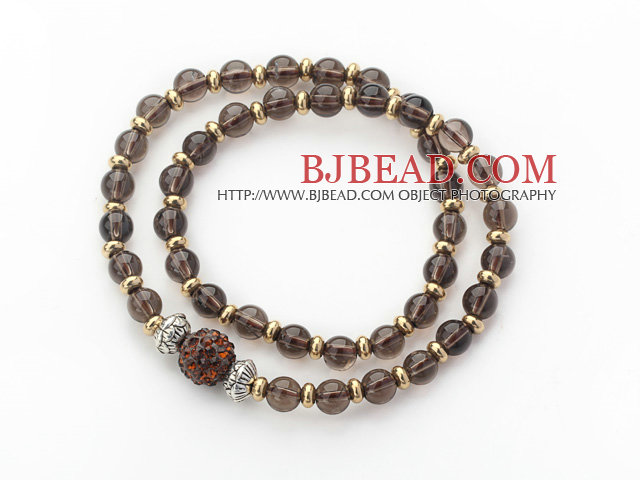 Double Rows Natural Smoky Quartz and Golden Color Beads Stretch Bangle Bracelet with Brown Rhinestone Ball