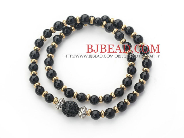 Double Rows Black Agate and Golden Color Beads Stretch Bangle Bracelet with Black Rhinestone Ball