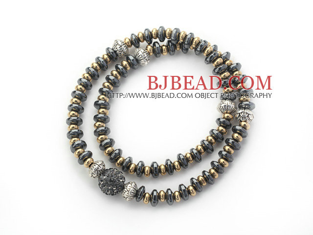 Double Rows Black Hematite and Golden Color Beads Stretch Bangle Bracelet with Black Gray Rhinestone Ball