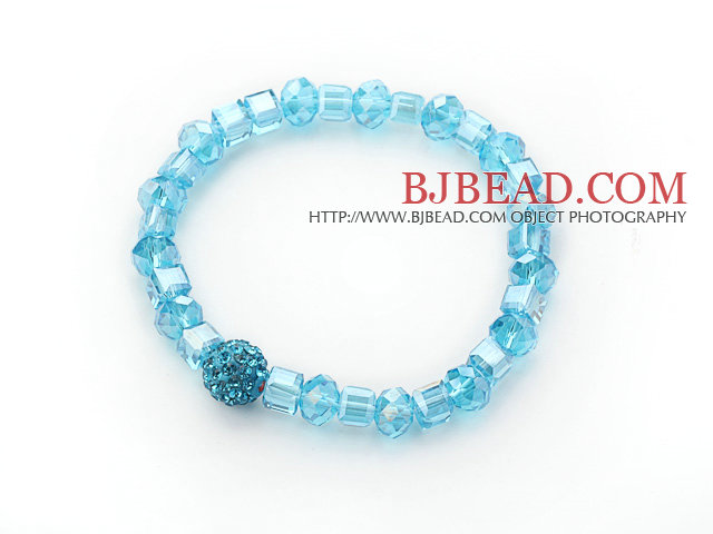 Simple Design Lake Blue Crystal Stretch Bangle Bracelet with Blue Rhinestone Ball