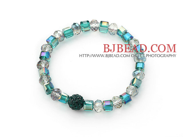 Simple Design Lake Green Crystal Stretch Bangle Bracelet with Green Rhinestone Ball