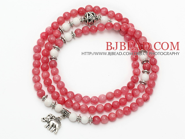 Rose Pink Color Candy Jade 4 Wrap Stretch Bangle Bracelet with White Porcelain Stone and Elephant Accessories