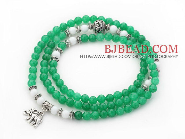 Green Color Candy Jade 4 Wrap Stretch Bangle Bracelet with White Porcelain Stone and Elephant Accessories