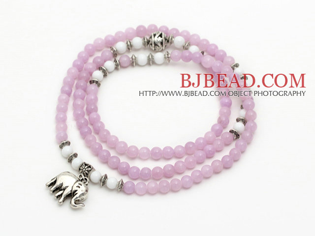Light Purple Color Candy Jade 4 Wrap Stretch Bangle Bracelet with White Porcelain Stone and Elephant Accessories
