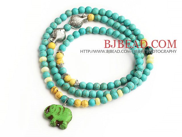 Blue Turquoise 4 Wrap Stretch Bangle Bracelet with Yellow Turquoise and Elephant Accessories (The Elephant is Random)