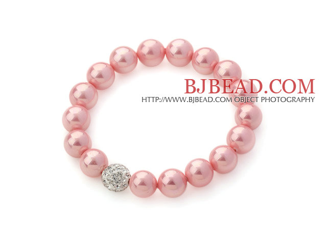 Classic Design Pink Round 10mm Seashell Beaded Stretch Bangle Bracelet with White Rhinestone Ball