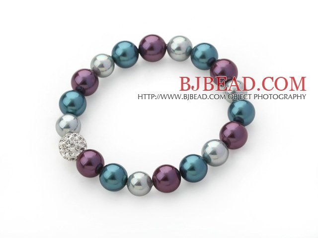 Classic Design Gray and Purple and Peacock Blue Color Round Seashell Beaded Stretch Bangle Bracelet with White Rhinestone Ball