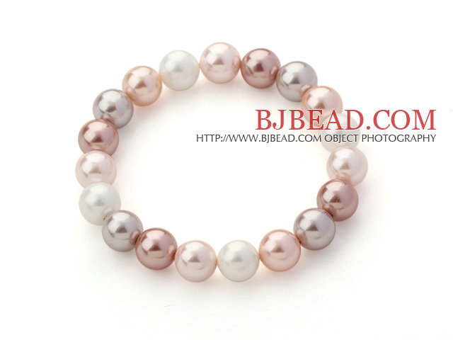 Classic Design White and Baby Pink and Violet Color 10mm Round Seashell Beaded Stretch Bangle Bracelet