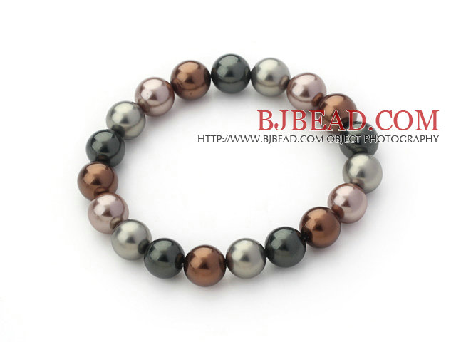 Classic Design Borwn and Coffee Color Round Seashell Beaded Stretch Bangle Bracelet